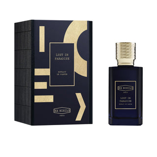 Lust in Paradise Extrait Ex Nihilo confezione blu e oro e flacone profumo blu intenso con tappo dorato